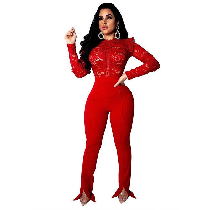 Sexy Red Lace Jumpsuit Women Long 