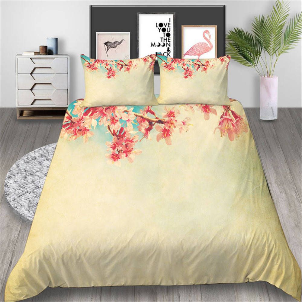 Peach Blossom Bedding Set King Size Elegant Simple Duvet Cover
