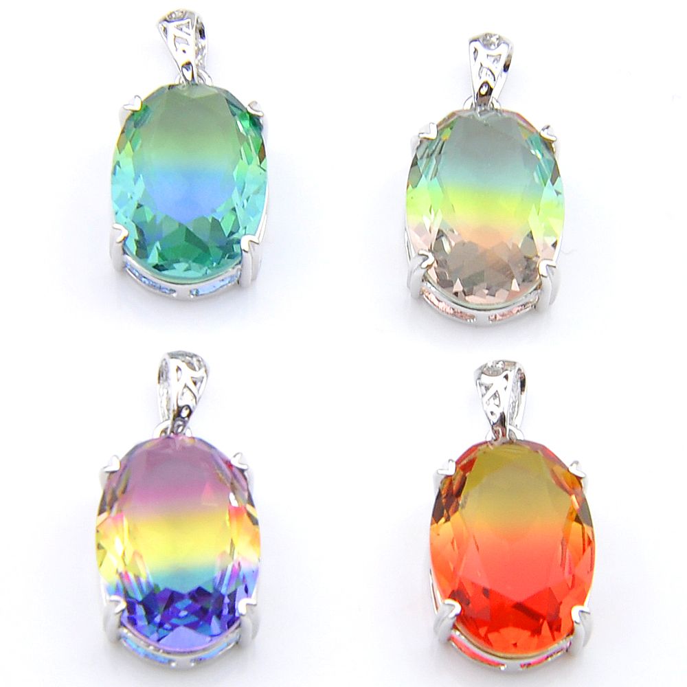 Gorgeous Shiny Bi Colored Tourmaline Silver Oval Necklace Pendants With Chain 