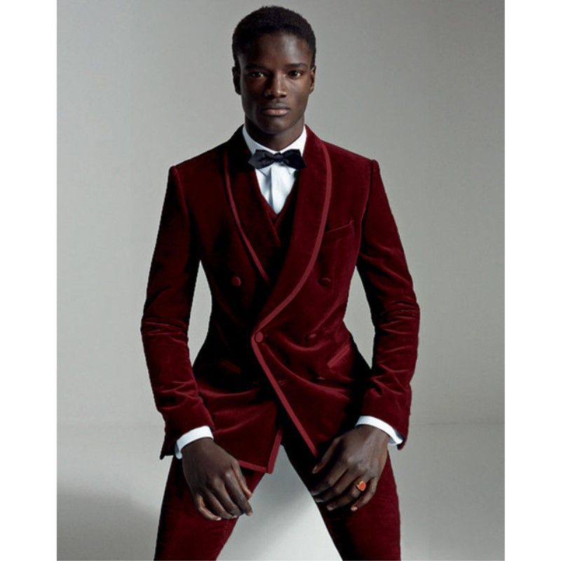 Costume Homme 2020 Burgundy Velvet Suit 