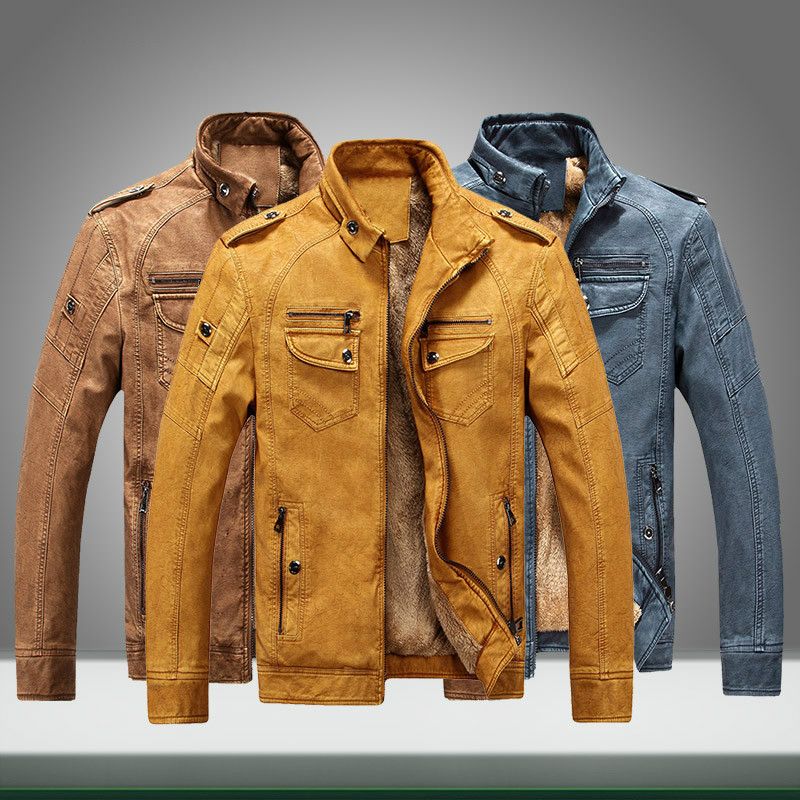 Men Leather Jacket Vintage Fashion Slim Fit Coat Fleece Stand