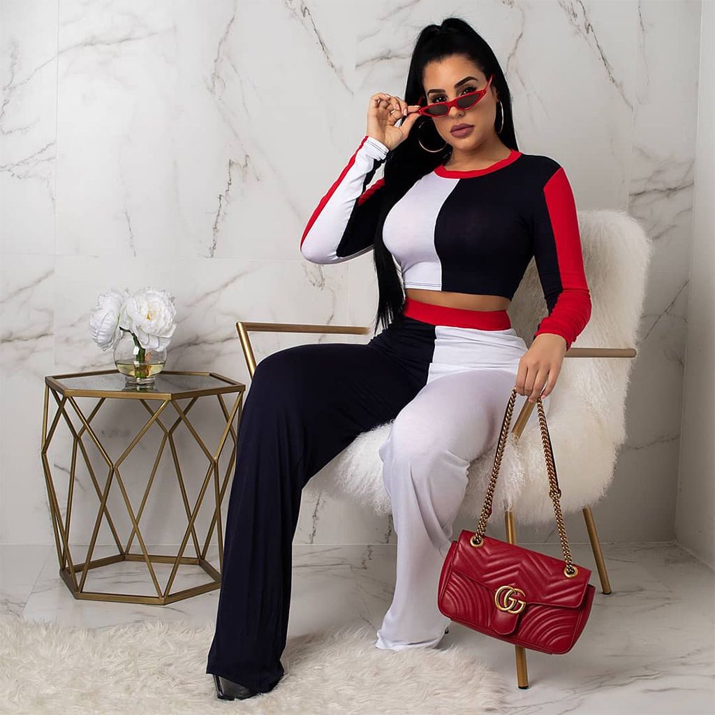 Diseñador Ropa Mujer 2019 Otoño pantalones dos piezas O Cuello de Manga Larga Remiendo Crop Top Y de Cintura Alta Traje Mujeres Overoles