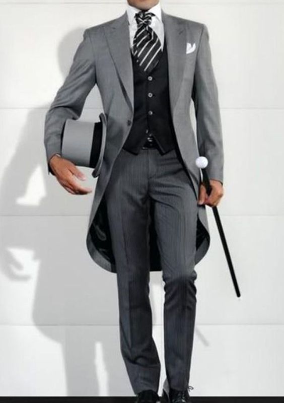 Men Wedding Tuxedo Formal Prom Suit Light Grey Tailcoat Groom Jacket+Pant+Vest