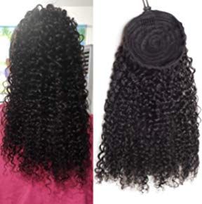 Long Black Human Kinky Curly Hair Extensions Drawstring Ponytail