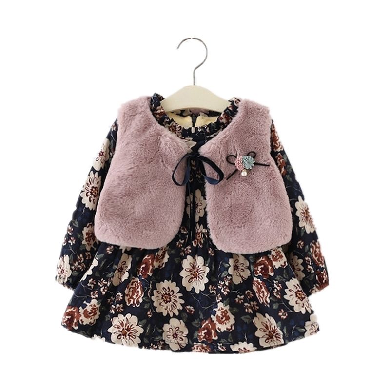 Newborn Infant Girl Floral Faux Fur Vest Princess Dress Set Outfit Outwear CA