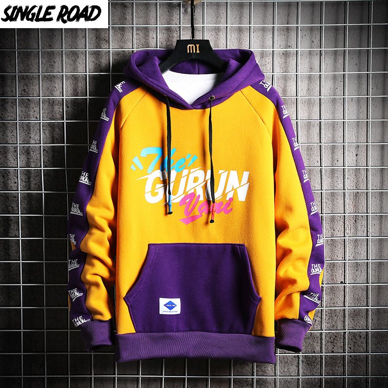 2020 SingleRoad Mens Hoodies Fleece Yellow Hoodie Men Sweatshirt Male