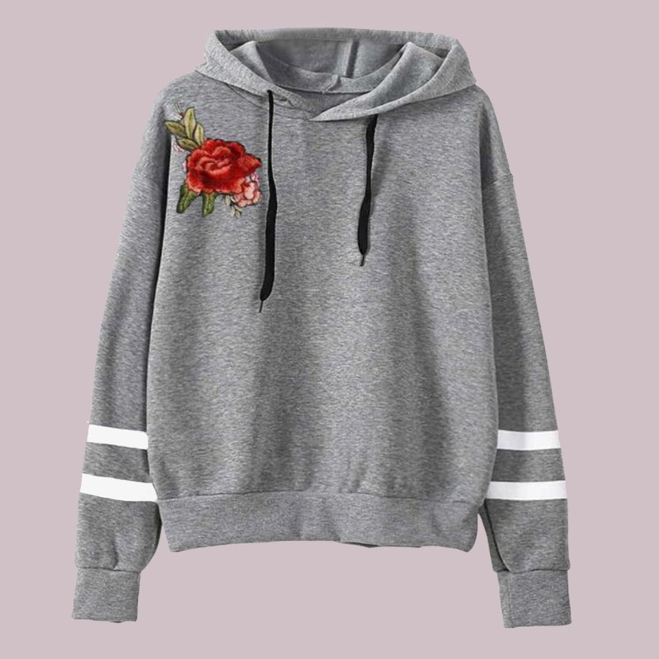 Wilngo Women Casual Ripped Rose Embroidery One Shoulder Pullover Sweatshirts 