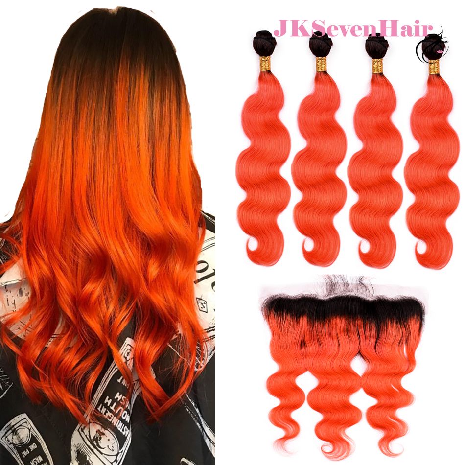 Body Wave 1b Orange Brazilian Virgin Hair Bundles With 13x4 Inch