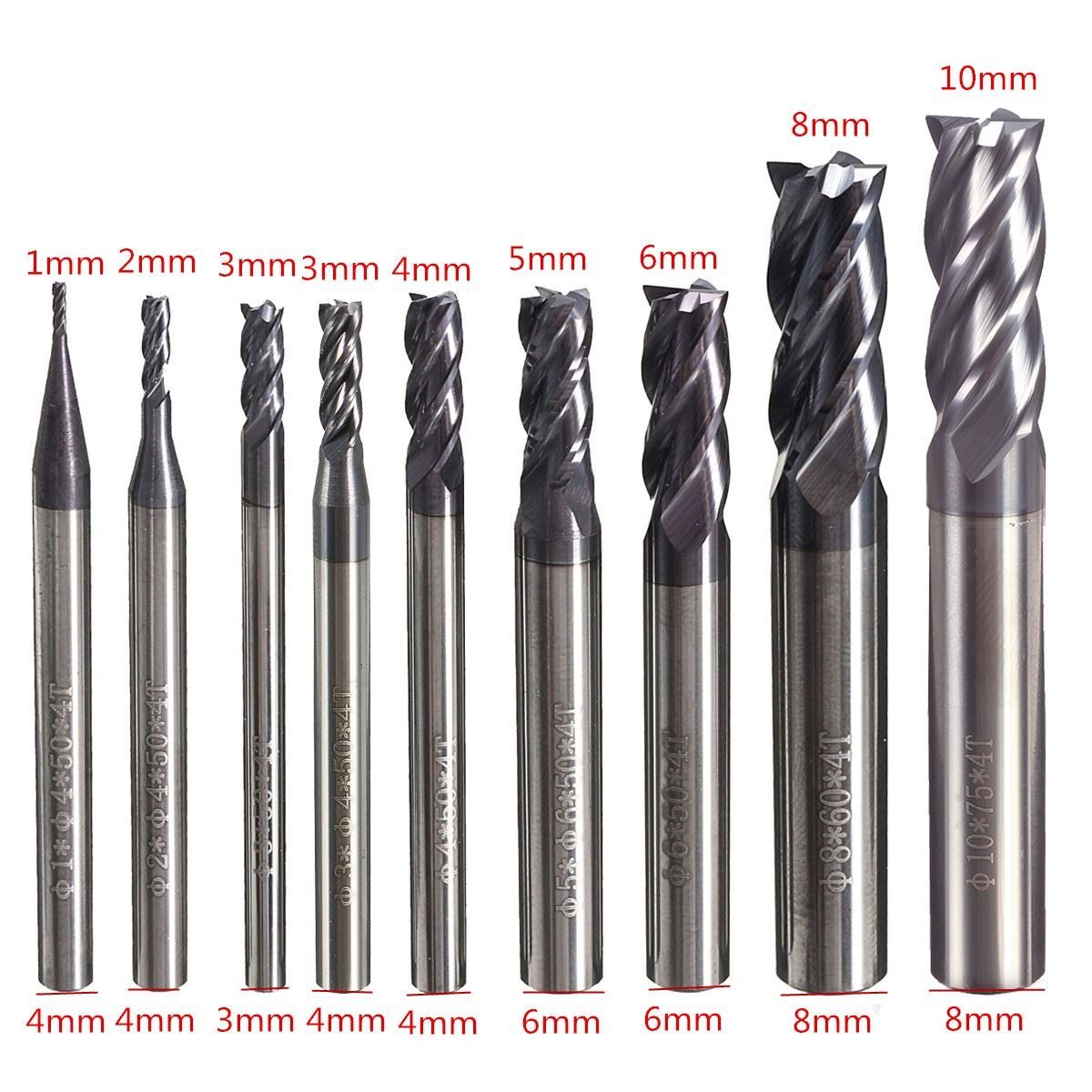 2020 8 Sizes 4 Flutes Tungsten Carbide End Mill Set HRC50 Straight