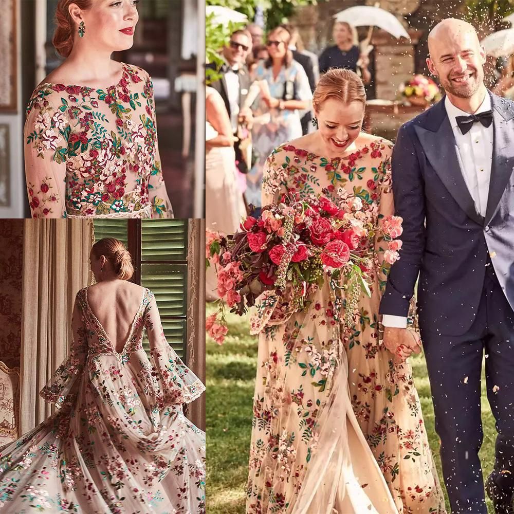 Compra Ilusión 2021 País De Colores Vestidos De Novia De Manga Larga De  Encaje De Tul Bordado Con Cuello Redondo Vestidos De Novia Una Línea De  Boho Del Vestido De Boda AL6680