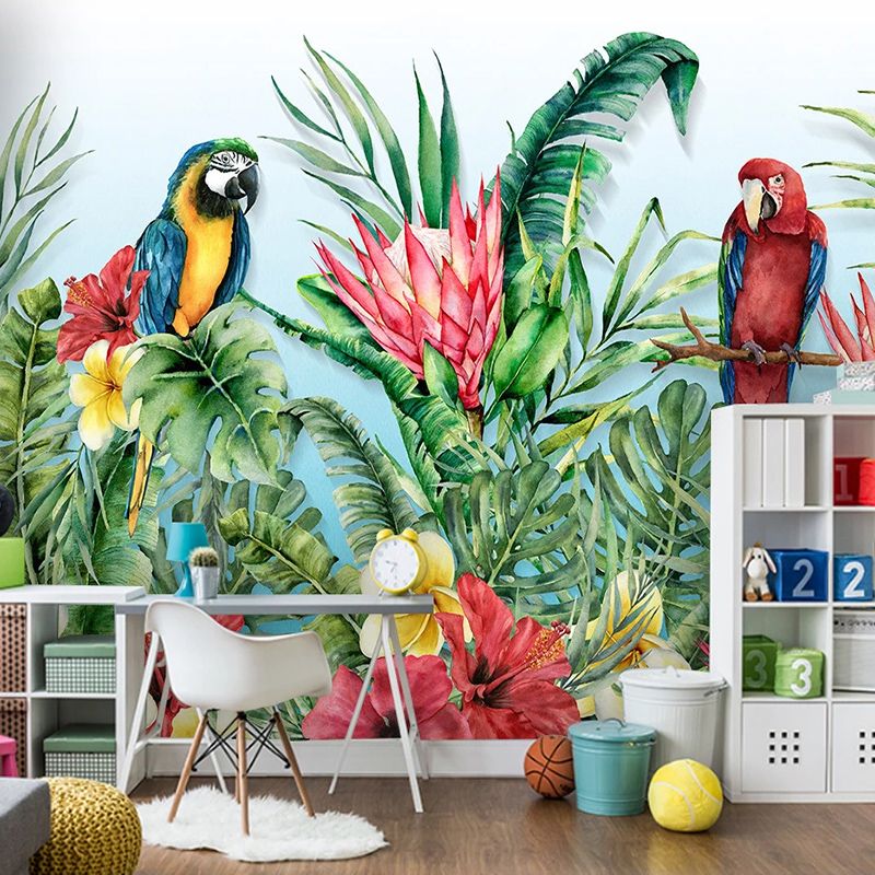 Mural personalizado Planta tropical Flor Pájaro Pájaro Loro Fresco  Dormitorio Sala de estar Sofá Tv Fondo