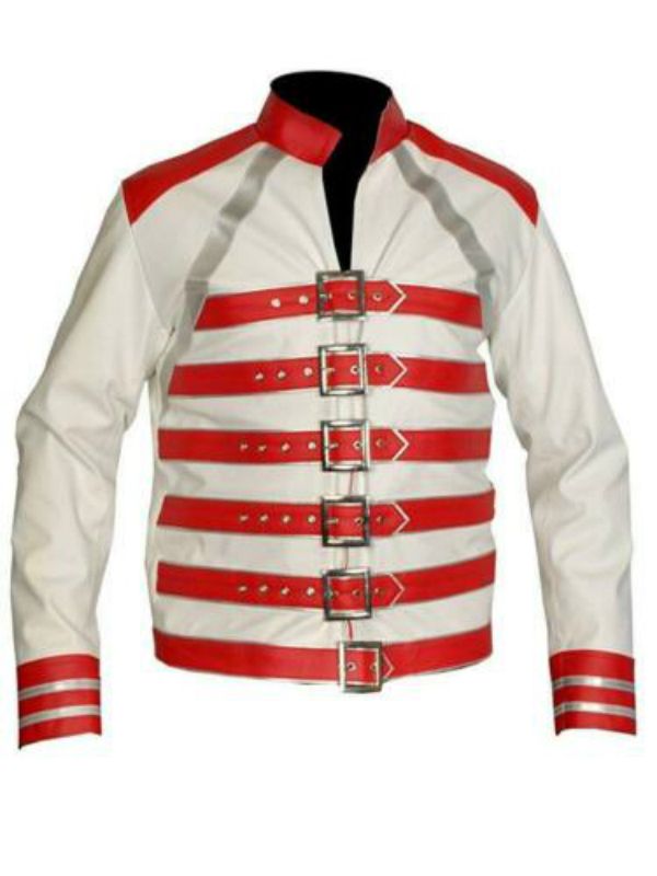 Bendecir problema sugerir Freddie Mercury blanca y chaqueta de cuero de los hombres rojos del concierto Bendecir problema sugerir Freddie Mercury blanca y chaqueta de cuero de los hombres rojos del concierto