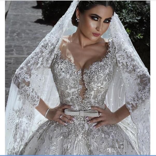 Luxury Silver Lace Appliqued Ball Gown 