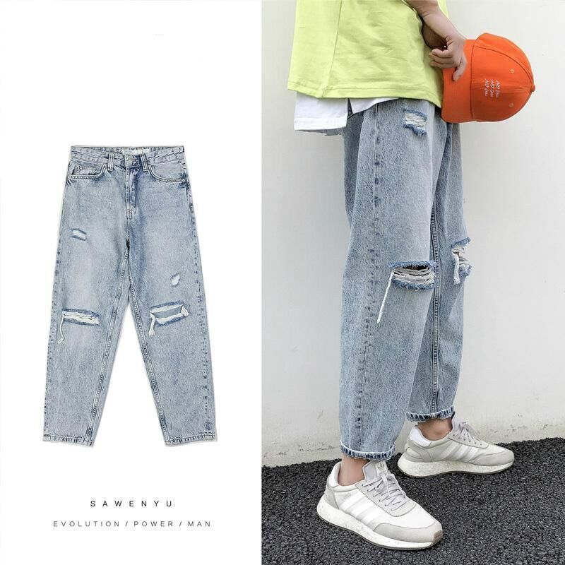 Japanese Ripped Jeans Mens Straight 