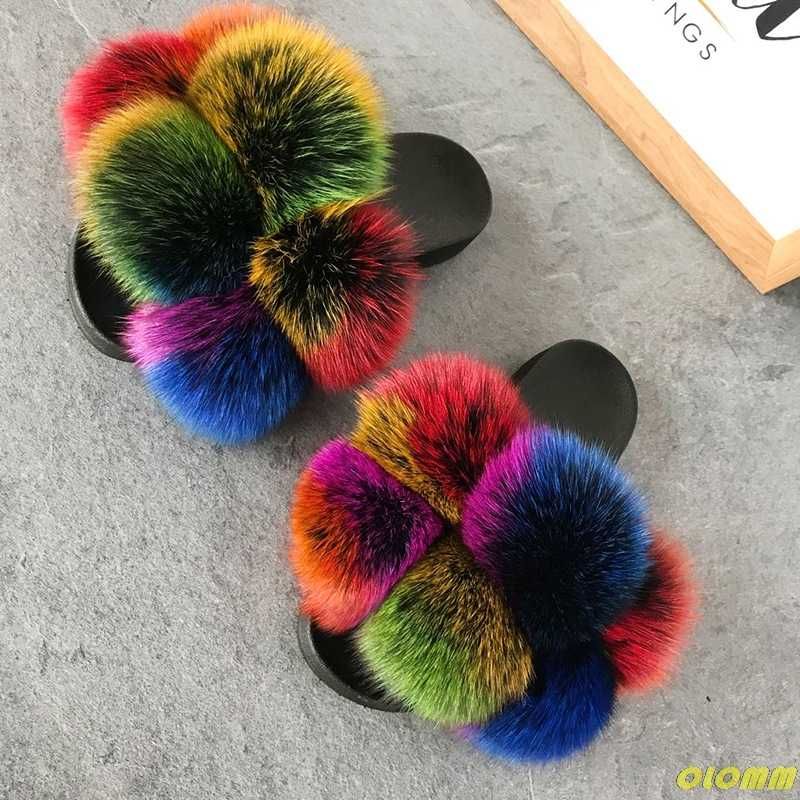 flip flops with fur pom pom