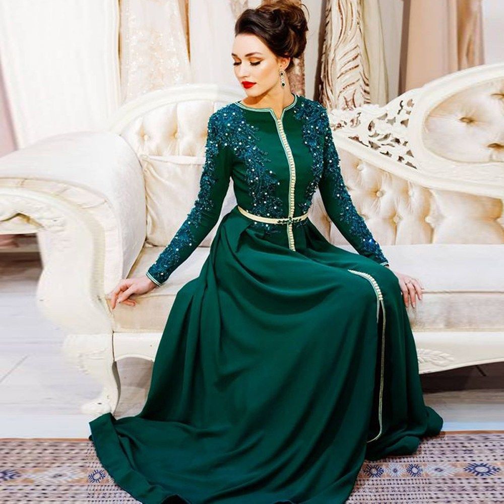 Verdes musulmanes marroquíes vestidos de noche vestidos fiesta Mujer encaje apliques de Dubai