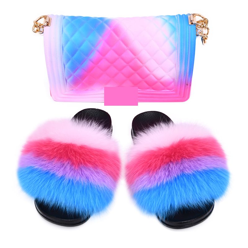 fur slides with matching purse