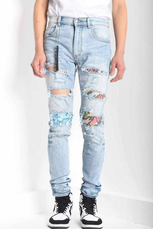 

men art ribbed patch skinny distressed lt blue jeans