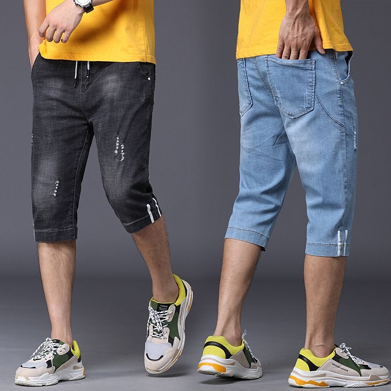 Compre Divisão Fina Verão Shorts Jeans Masculina Cortada Calças Soltas Calções Elásticos Ocasional Rendas Up Calças Casuais Capri Calças Moda De Jamydays, $153,7 | Pt.Dhgate.Com