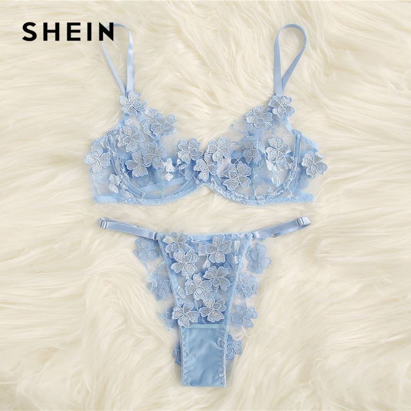 Compre Shein Azul Apliques De Encaje De Malla Con Aros Ropa Interior De Las Mujeres Atractivas Bralette Y Pantie Pijama Conjunto De Lencería Íntima A 21,2 € Del Angel_stephanie | DHgate.Com