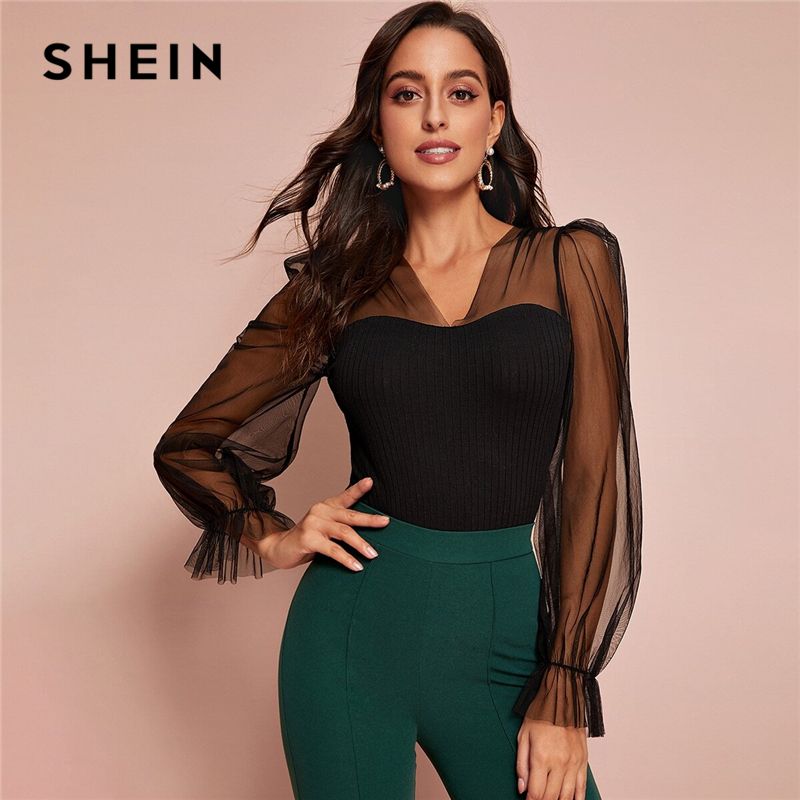Acquistare Shein Nero Con Scollo A V A Contrasto Maglia Manica A Costine  Knit Elegante Sheer Top Donna Autunno Flounce Manica Su Misura Solido T  Shirt Economico | Consegna Veloce E Qualità | DHgate Italy