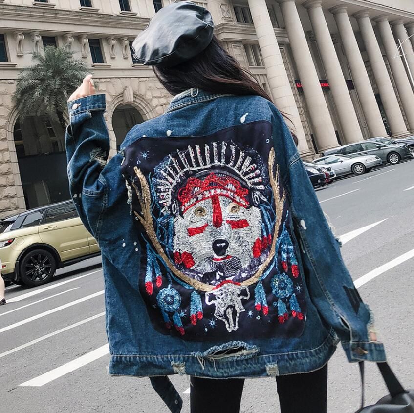 Acquistare Donna Paillettes Pesanti Lupo Totem Totem Giacca Da Donna  Allentata Jean Giacche Da Donna Alta Qualità Cappotti Di Base Streetwear  W919 Economico | Consegna Veloce E Qualità | It.Dhgate