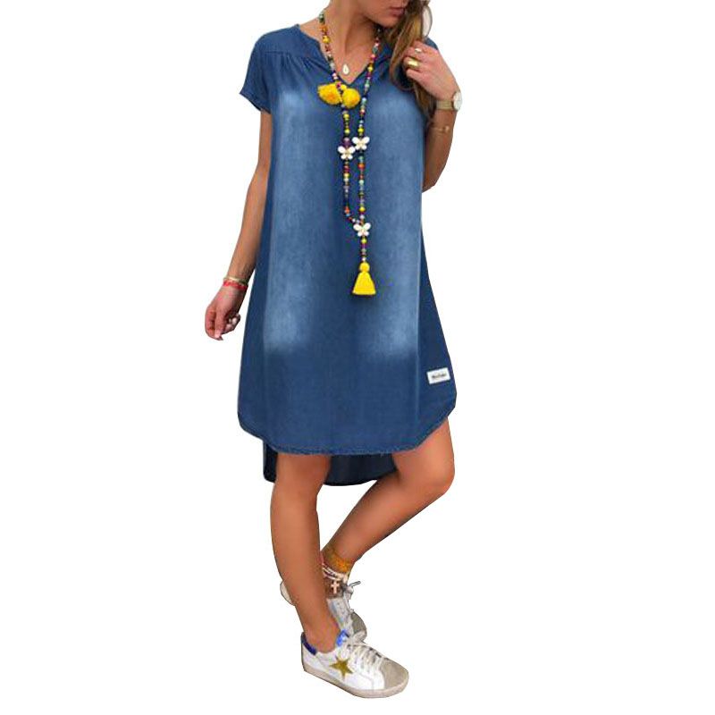 short sleeve denim midi dress