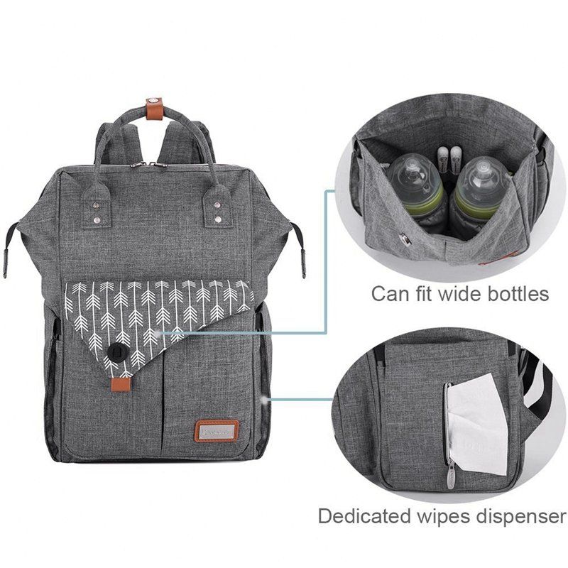 lekebaby large diaper bag backpack for mom in grey with arrow print
