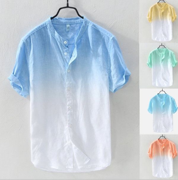 2020 Men Cool Cotton Linen Shirt Breathable Gradient Color Casual ...
