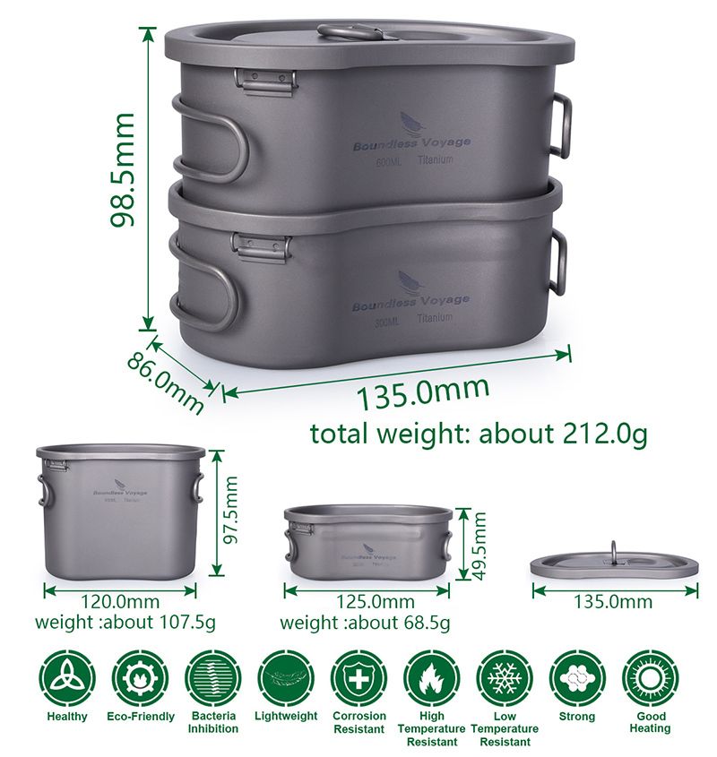 2020 Boundless Voyage Titanium Camping Pot Set With Hanging Ring