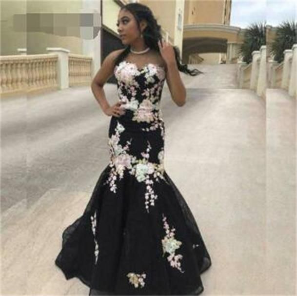 black with flowers prom dress