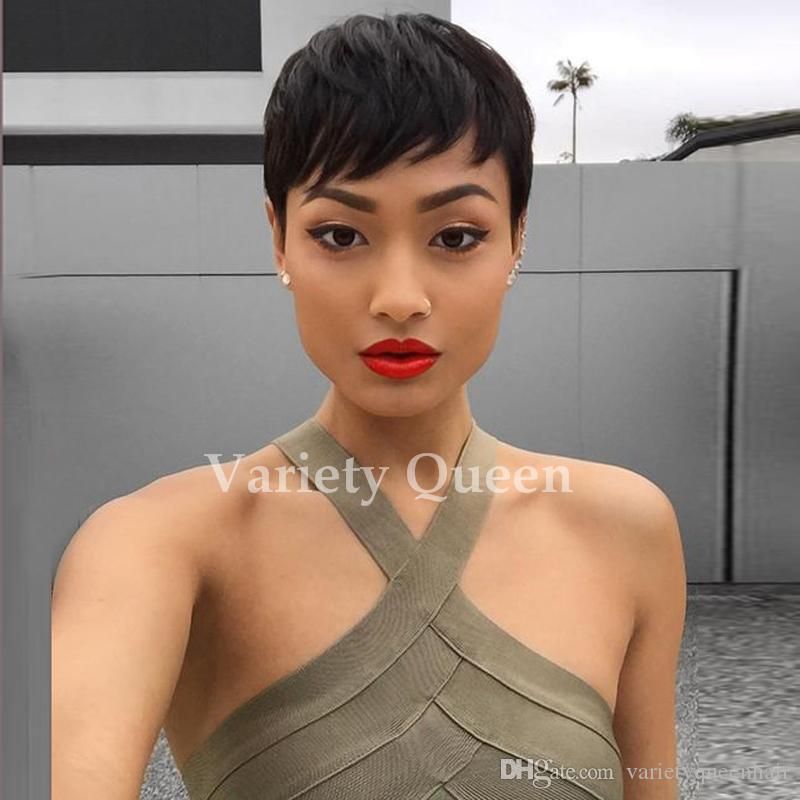 großhandel pixie cut short echthaar perücke natural black