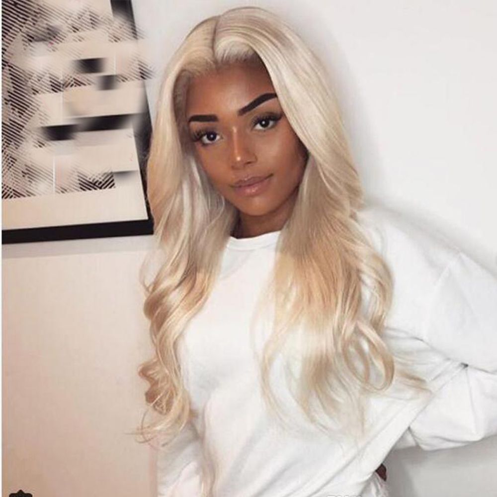 Hot selling Wave Lace Front Human Hair Wigs Prepluck For Women 13x6 Ombre  Highlight Platinum Blonde