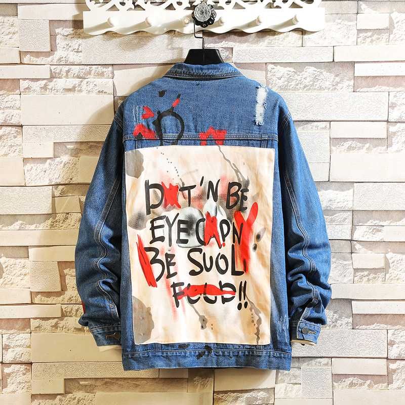 Mens Graffiti Denim Jackets Streetwear 2020 Hip Hop Casual Patchwork Ripped Distressed Punk Rock Hole Jeans Coats