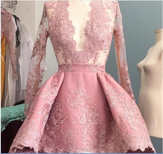 Compra Rosa Appliques Vestidos Elegantes Largo Mangas Cuello En V Profundo  Hi Lo Vestido De Fiesta De Manga Larga Hinchada De Gasa Vestido De Cóctel  Altas Bajas Barato | Entrega Rápida Y