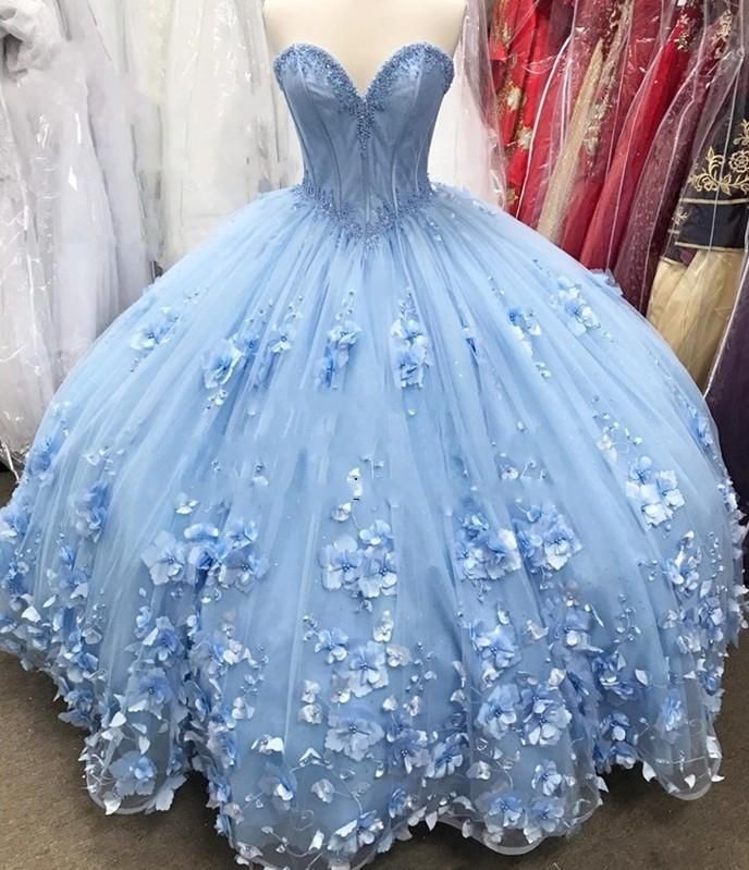 Vestidos de quinceañera azules dulces 16 2020 bata de pelota fuera del  hombro Tamaño 3D Flores