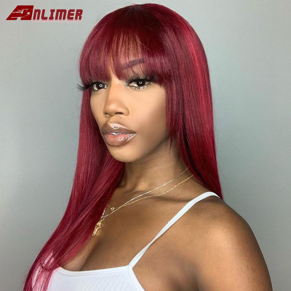 Burgundy Red Lace Front Human Hair Wigs Colored Bang Wig ...