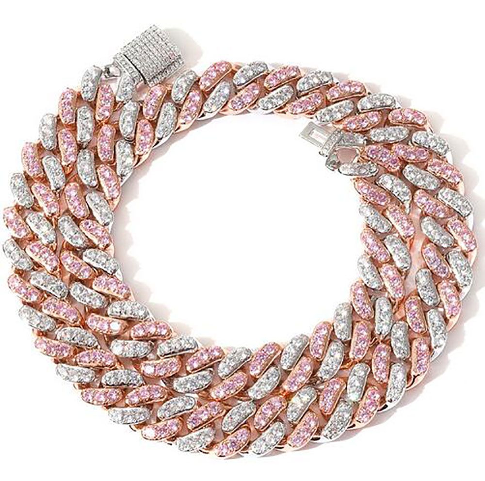 12mm Iced Pink Cuban Choker Necklace Silver /Rose Gold Cuban Link With