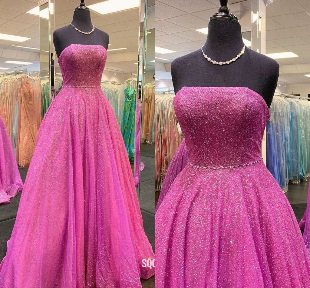 Hot Pink Glitter Sequined Fabric Long Cheap Bridesmaid Dresses ...