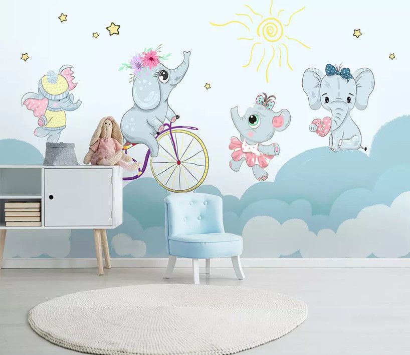 Bacal Custom wallpaper baby room cute cartoon elephant riding bicycle  hamster cloud children background walls 3d