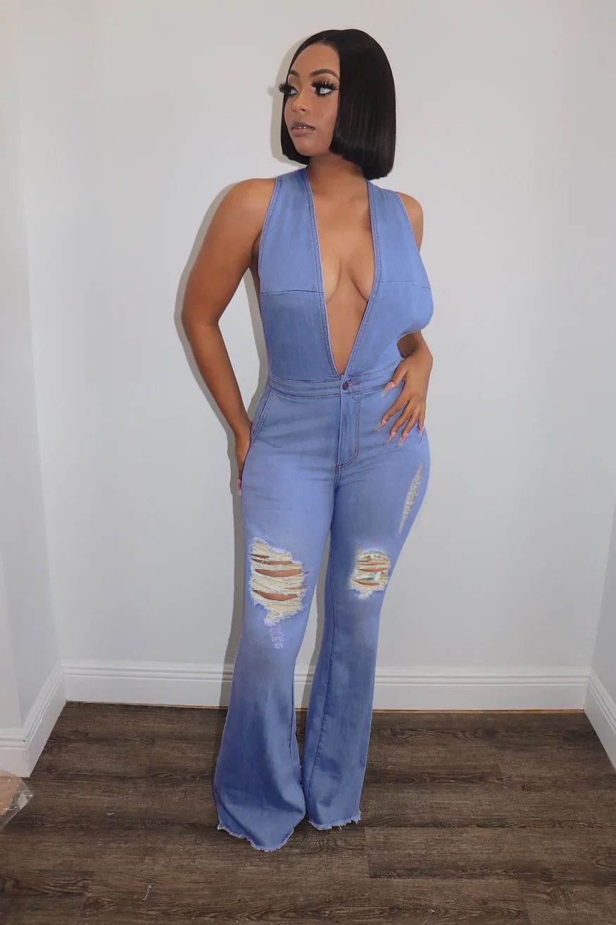 v neck denim overalls