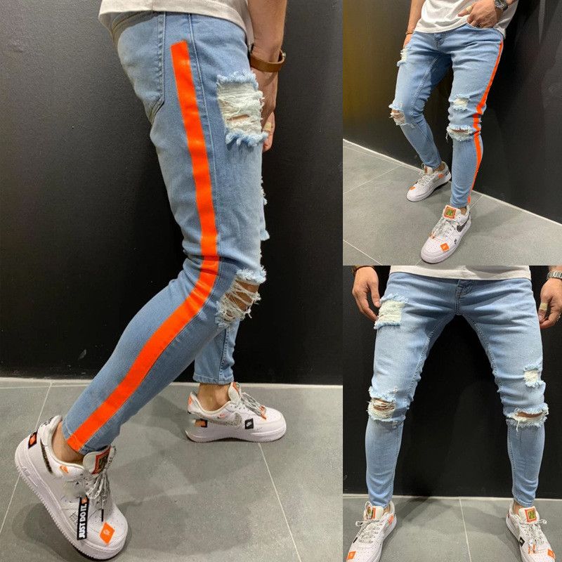Compra Hombre Agujero A Rayas Lápiz Jeans Hombres Verano Rasgado Alto Moda  Luz Lavado Pantalones De Mezclilla Hombre Streetwear Pantalón Barato |  Entrega Rápida Y Calidad | Es.Dhgate