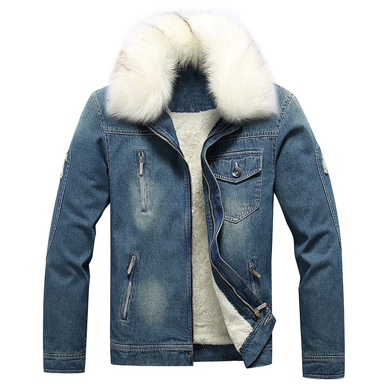 Mens Faux Fur Collar Jacket Denim Long Sleeve Pocket Slim Coat Homme