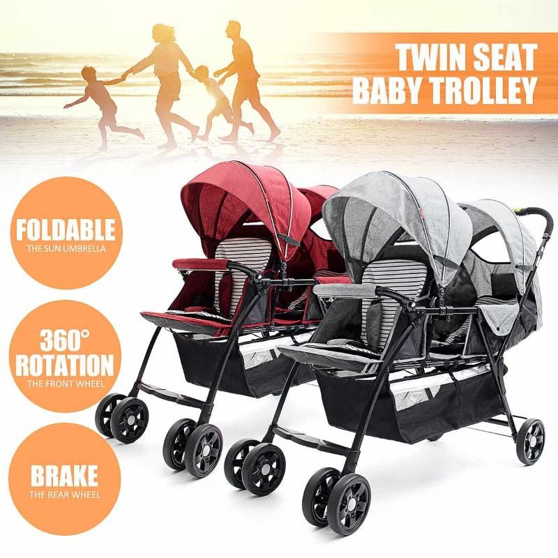 foldable double baby stroller lightweight front & back seats pushchair