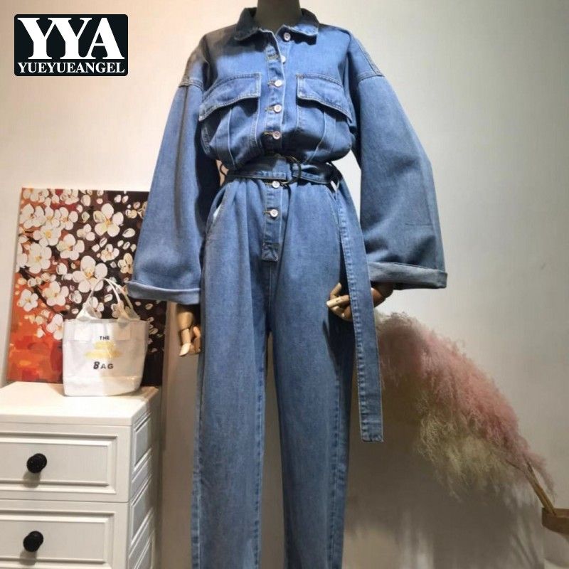 waist belt denim jumpsuit