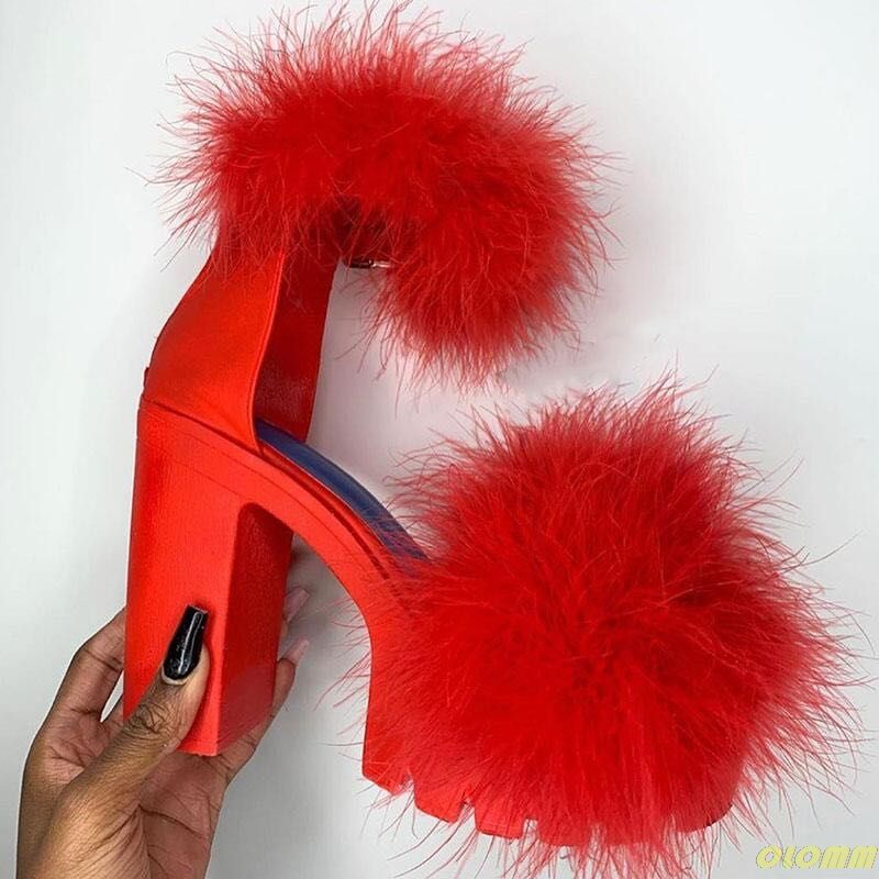 fur high heel sandals