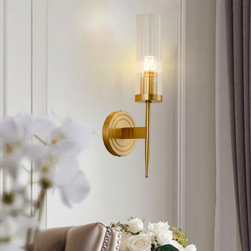 Gold&Black Minimalist Wall Lamp Cylinder Ribbed Glass Shade Sconce LED Lighting 