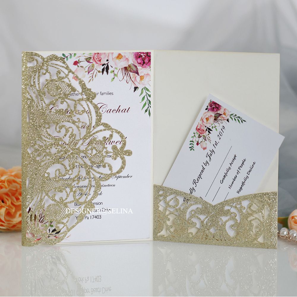 Champagne Red Gold Silver Glitter Laser Cut Pocket Wedding Invitations With RSVP  Card, Printable Invitation For Anniversary Party From Newgiftshop, $1.07 |  DHgate.Com