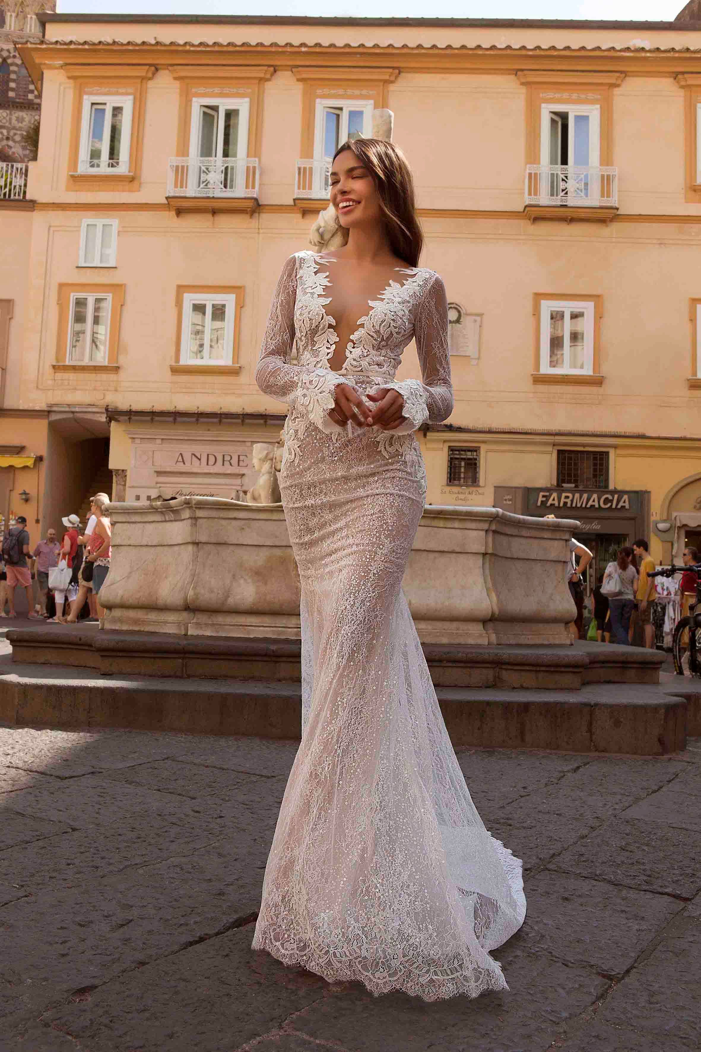 Berta 2021 vestidos de novia cuello en V manga larga de encaje apliques de la sirena Berta 2021 vestidos de novia cuello en V manga larga de encaje apliques de la sirena