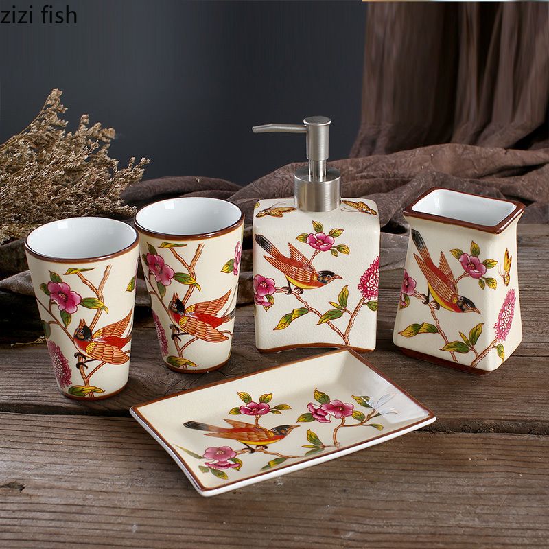 2020 Flowers Birds Bathroom Toiletry Set Ceramics Five Piece Set Lotion